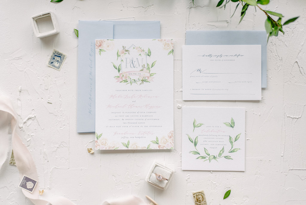 Hand Painted Floral Rose Quartz and Serenity Wedding Invitations