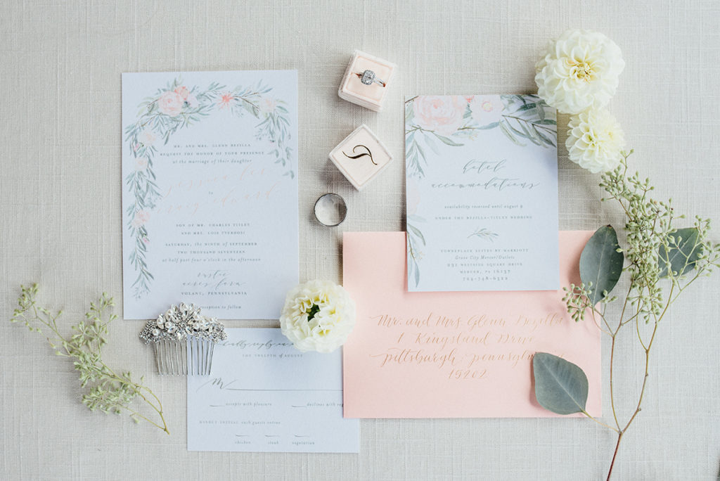 Peach, Sage and Gold Floral Watercolor Wedding Invitations | Blush Paper Co.