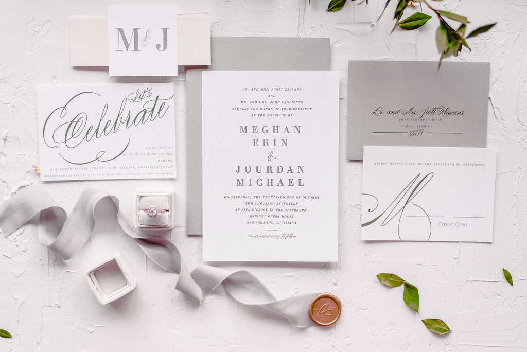 Grey, Olive and Cream Letterpress Wedding Invitation | Blush Paper Co.