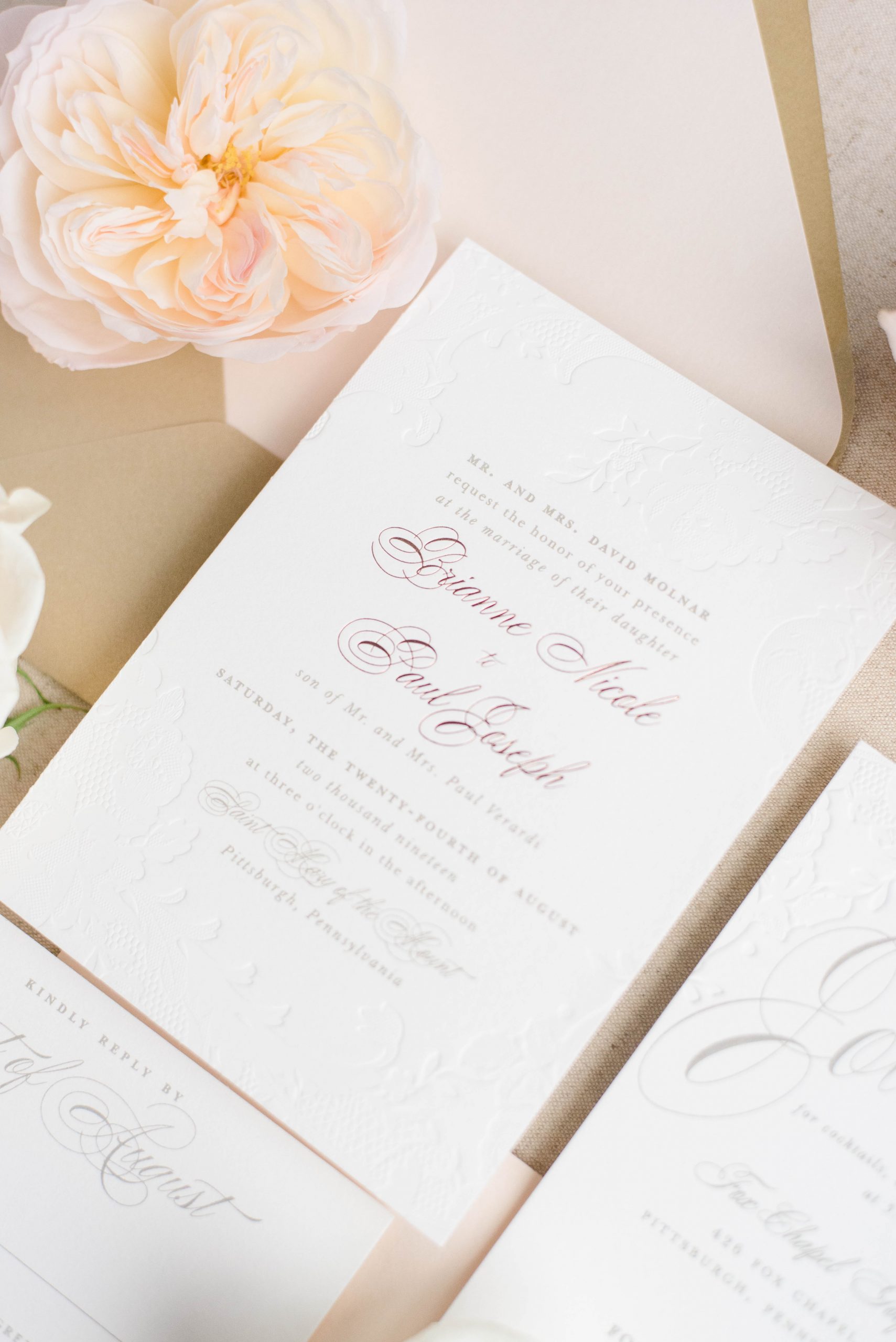 Rose Gold Foil Letterpress Wedding Invitation