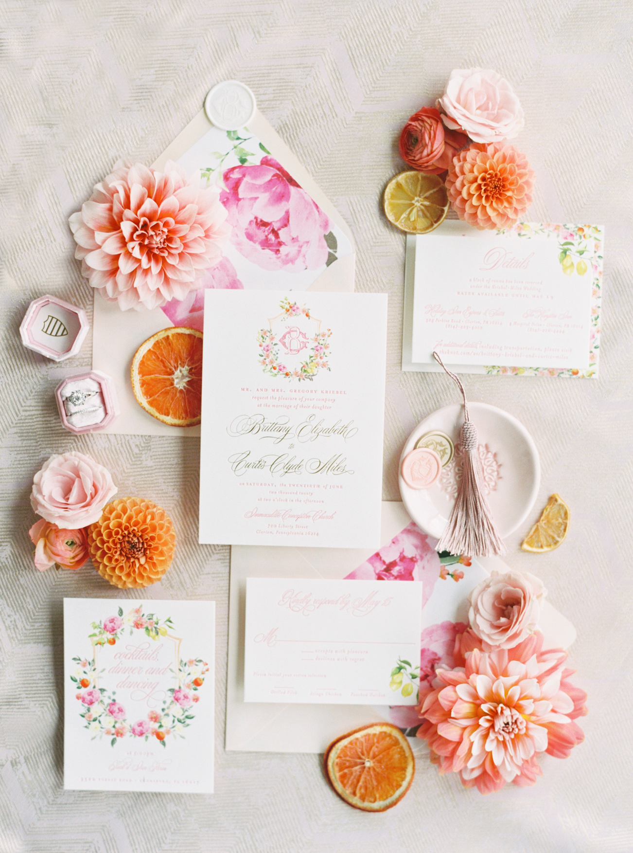 Monogram Hot Pink Letterpress Wedding Invitation