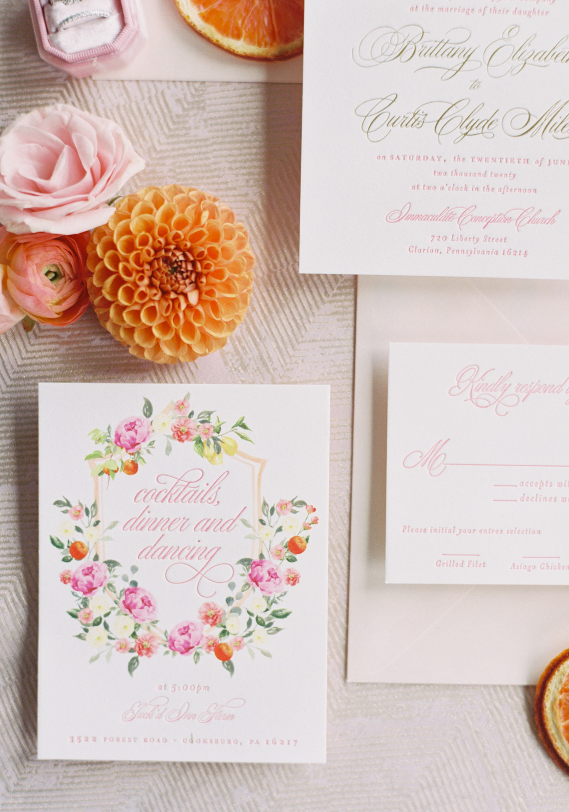 Monogram Hot Pink Letterpress Wedding Invitation